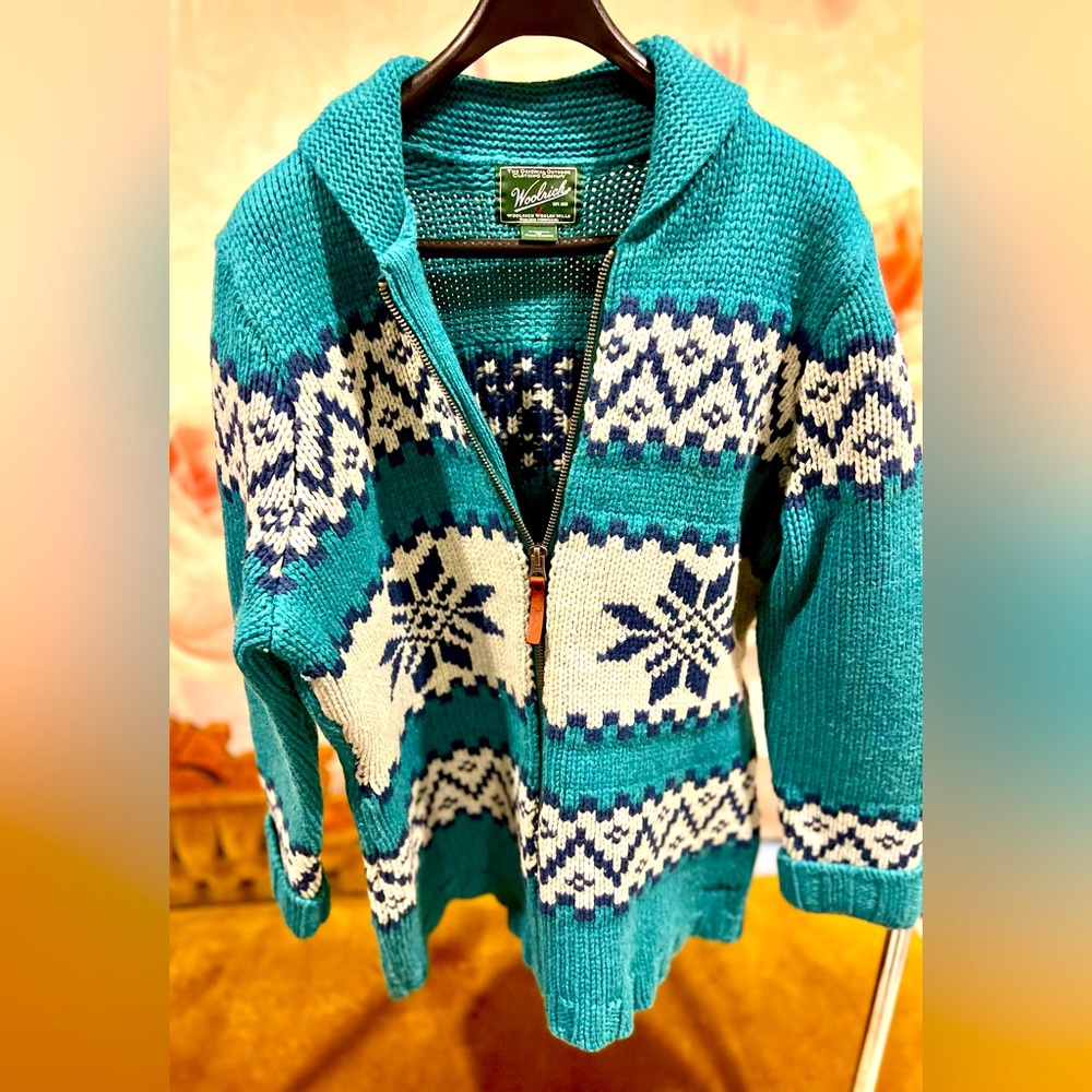Woolrich Women's 100% Lambs Wool Knit Full Zip Fair Isle Jacket Size XL